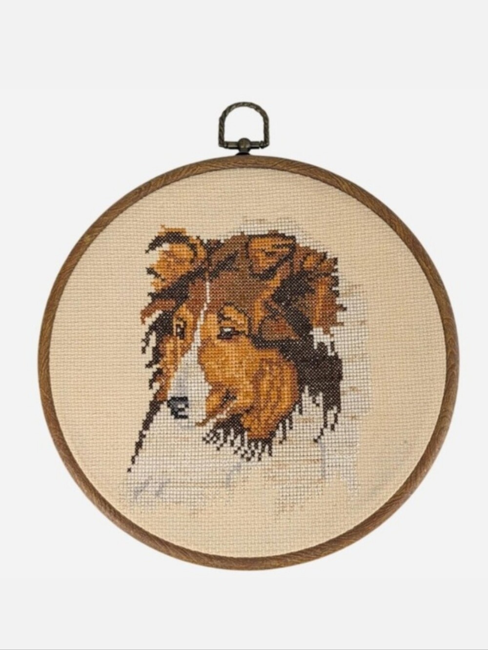 Vintage Handmade Cross Stitch Collie Dog Portrait Wood Hoop Frame